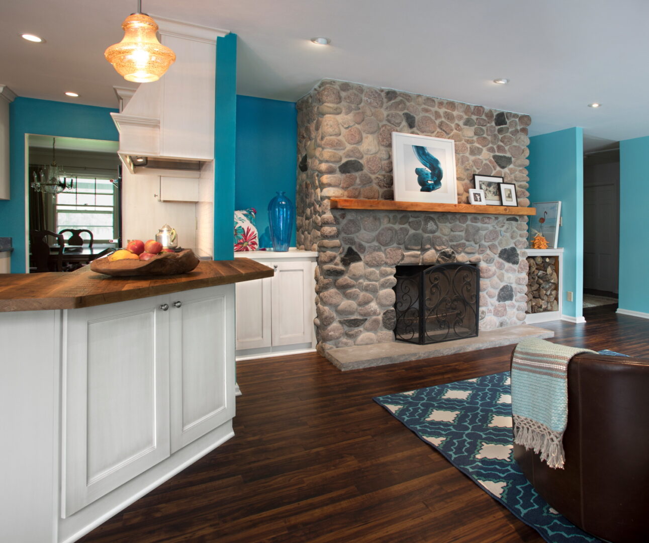 A look at the fireplace in the family room beside the kitchen